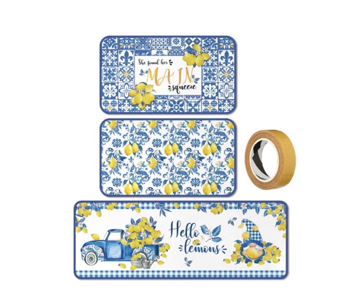 Maasechs 3 Pcs Lemon Kitchen Rug and Mat Set Blue Yellow Tiles Italian Lemon Decor Non Slip Anti-fatigue Washable Summer Kitchen