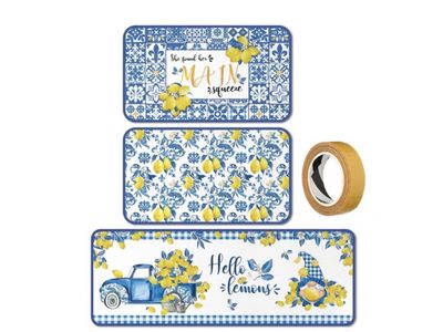 Maasechs 3 Pcs Lemon Kitchen Rug and Mat Set Blue Yellow Tiles Italian Lemon Decor Non Slip Anti-fatigue Washable Summer Kitchen