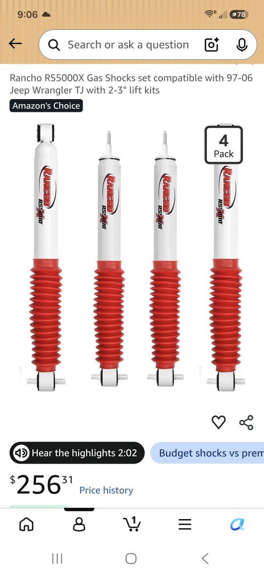 Brand New in box Rancho RS5000X Gas Shocks Set 4-Pack for 97-06 Jeep Wrangler TJ 2-3" Lift