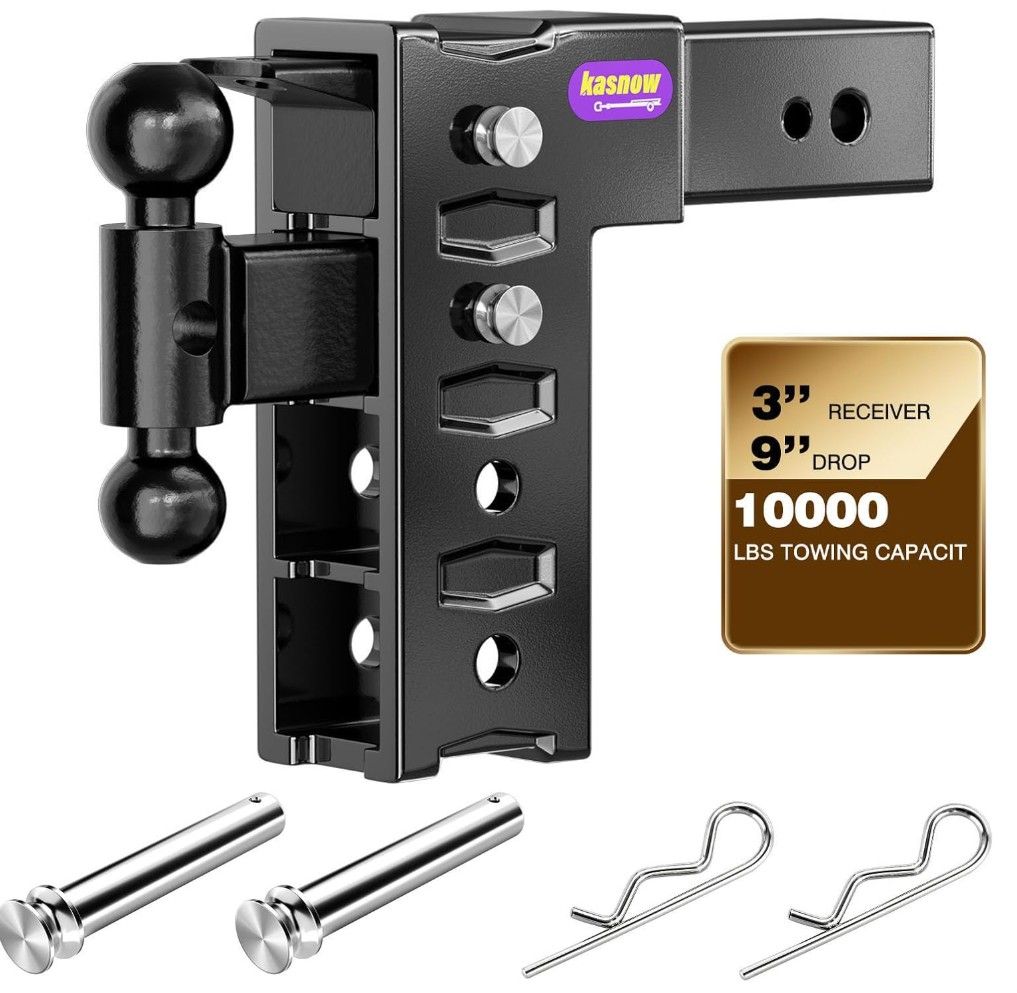 Adjustable Trailer Hitch for 3" Receiver 10000 LBS Towing Capacity, Tow Hitch with 9" Drop/Rise, Dual Ball Mount (2" & 2-5/16")