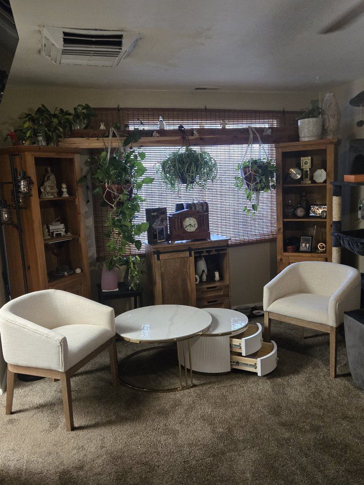 Two White Sitting Room Chairs and Round Coffee Table with Marble Top