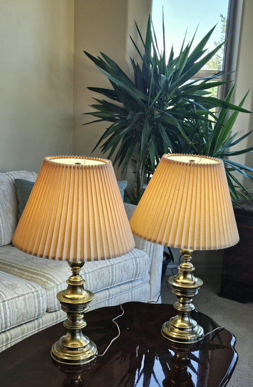 Vintage Stiffel Brass Table Lamps with Pleated Shades - Pair, 
25" Tall