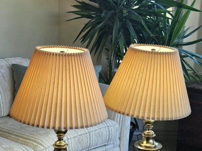 Vintage Stiffel Brass Table Lamps with Pleated Shades - Pair,
25" Tall