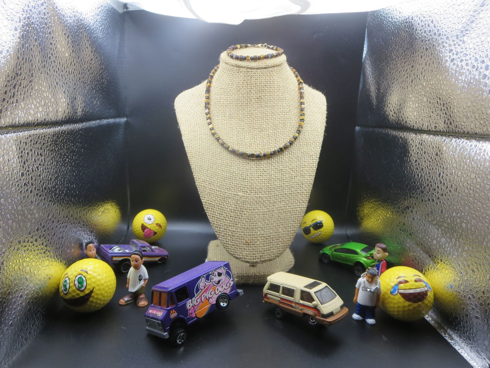 Beaded Tiger Eye Style Cube Gemstone Necklace and Matching Bracelet Set