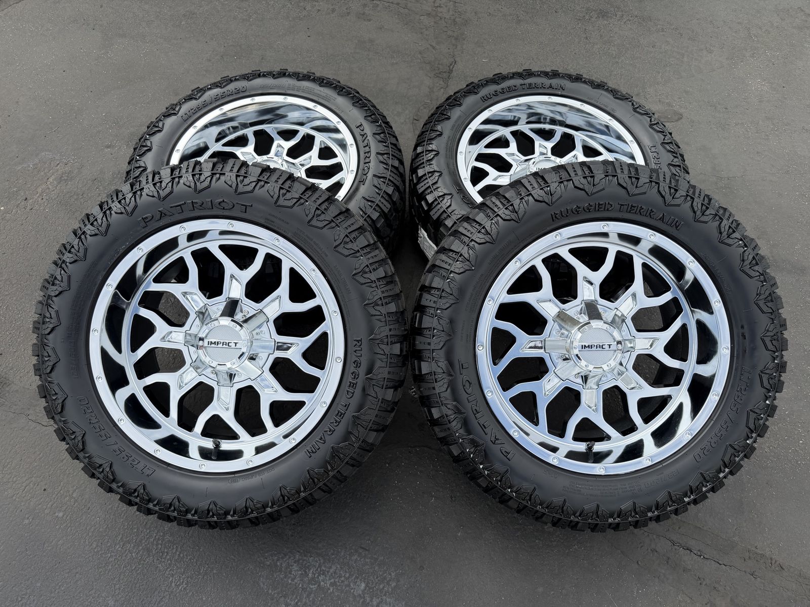 New Chrome Impact 813 LT295/55r20 Patriot RT 33 inch 6x5.5 Chevy Silverado 1500 6x135 Ford F150 wheels and tires 6 lug F 150