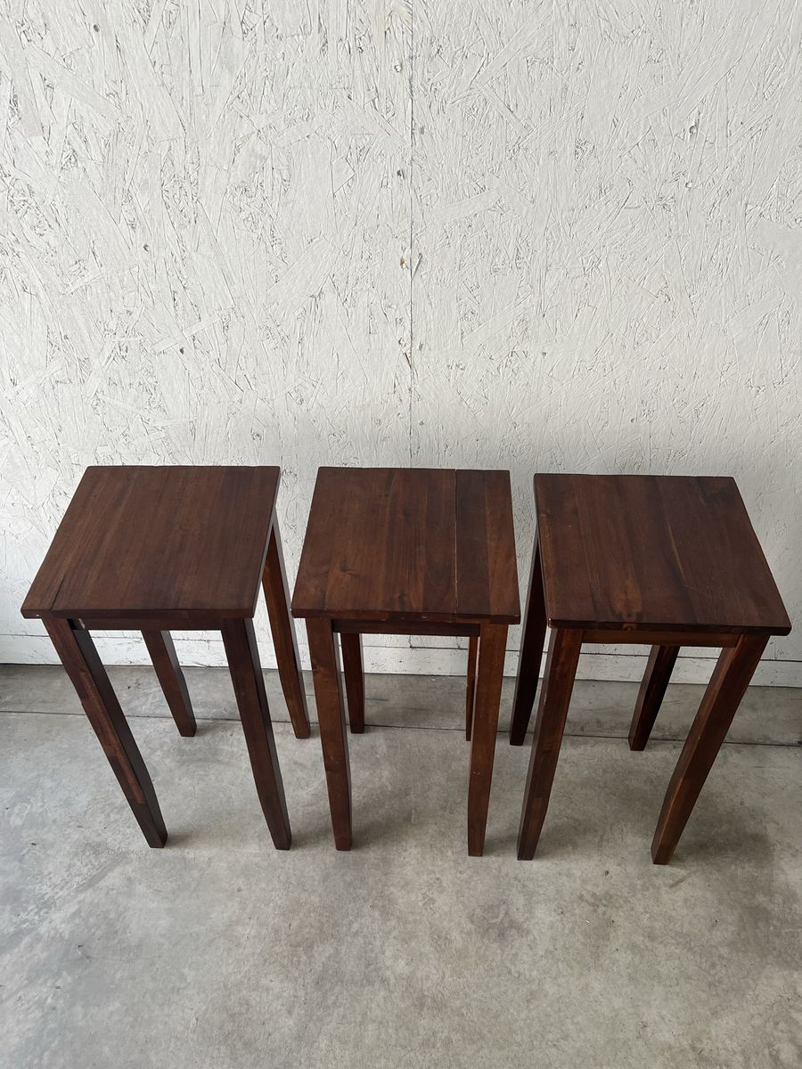 3 Vintage Dark Brown Solid Wood Square Side Tables