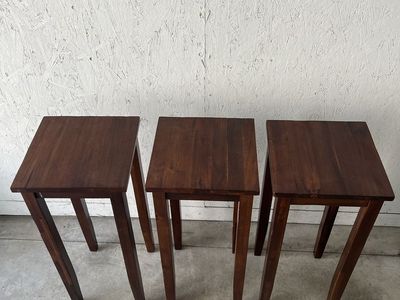 3 Vintage Dark Brown Solid Wood Square Side Tables