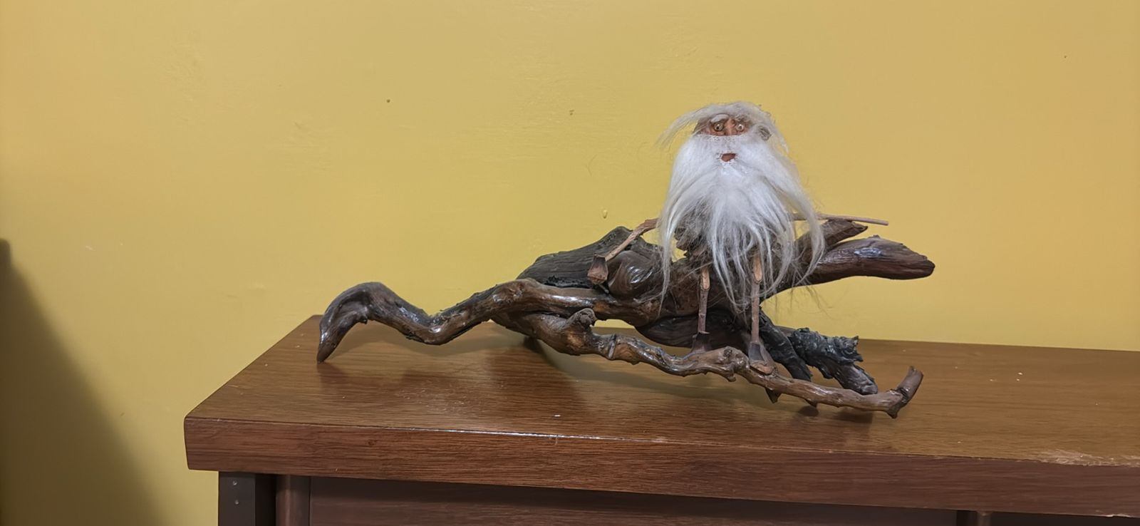 Handmade Driftwood Wizard Figurine with Long White Beard and Hair
