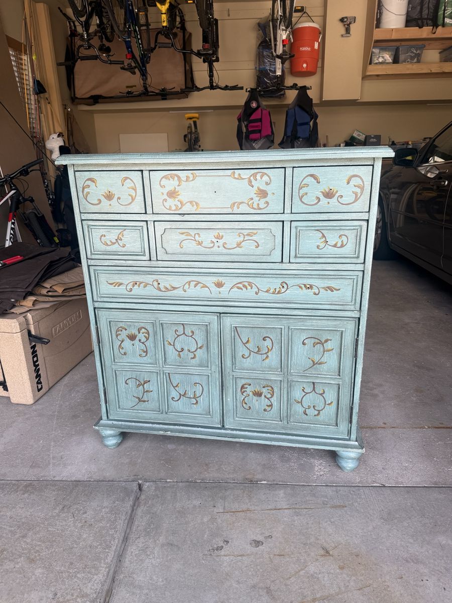 Vintage Hand-Painted Blue Dresser with Cabinet Storage