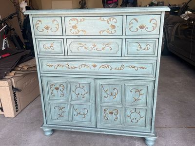 Vintage Hand-Painted Blue Dresser with Cabinet Storage