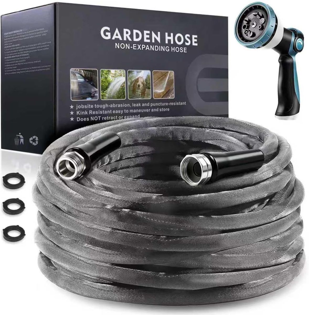 NEW Garden Hose 100feet, Water Hose with 10 Function Hose Nozzle, NON-Expandable Hose, Tough & Flexible
