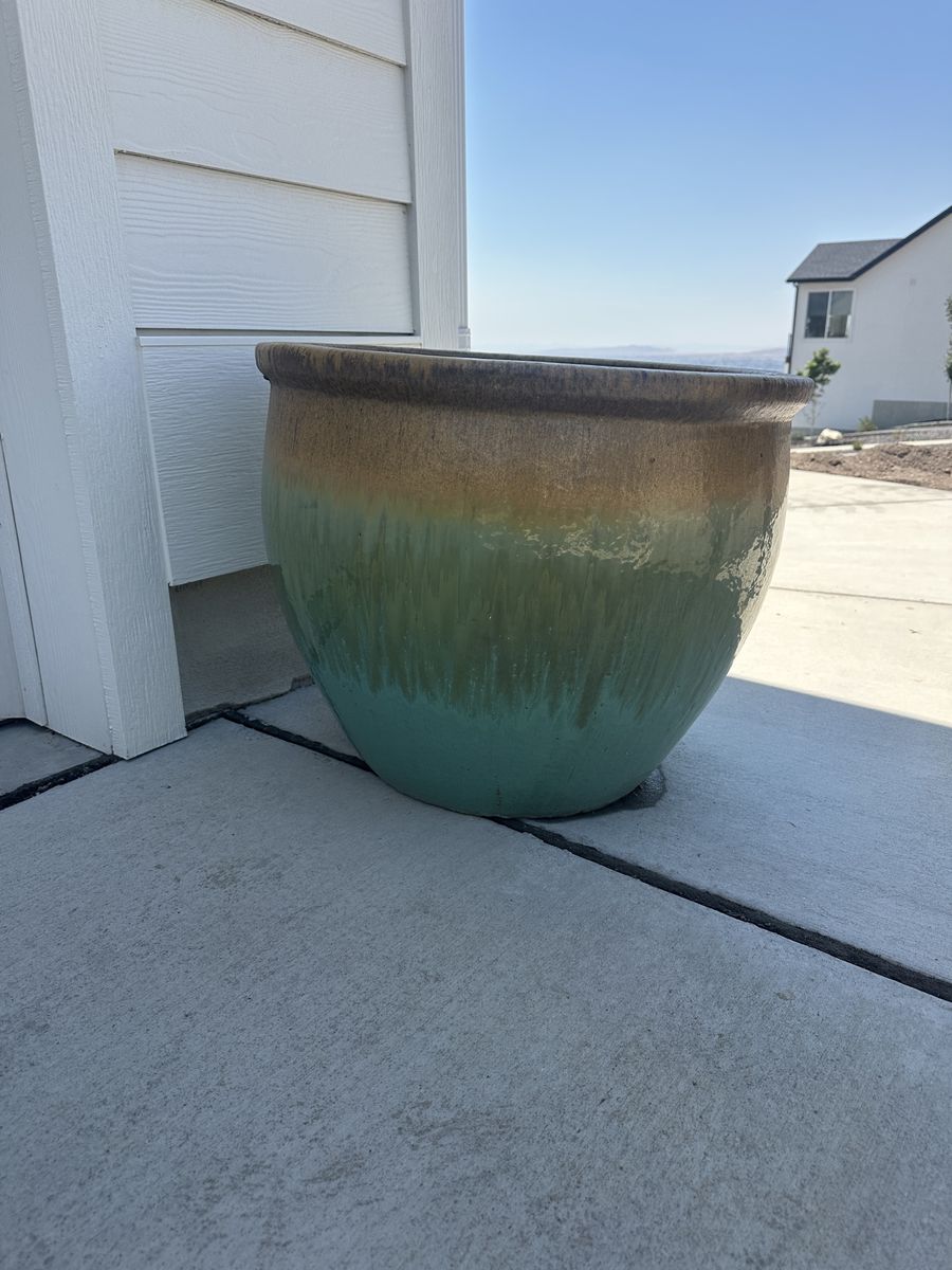 Large Glazed Ceramic Garden Planters - Teal & Brown Ombre (Set of 2)