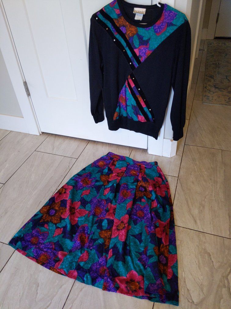 Vintage 90s Fire Islander Black Sweater and Skirt Set with Colorful Floral & velvet Design, Women's Size Small