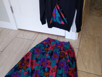 Vintage 90s Fire Islander Black Sweater and Skirt Set with Colorful Floral & velvet Design, Women's Size Small