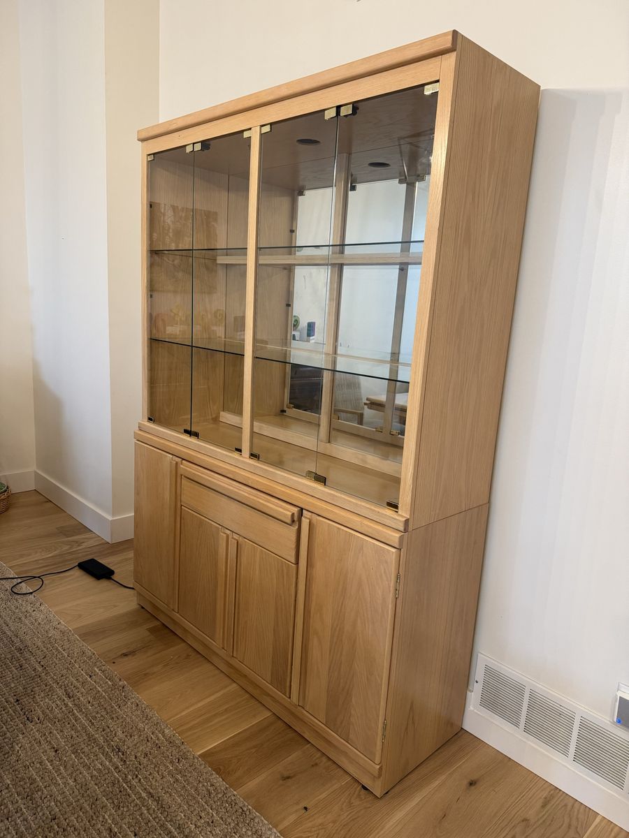 Solid White Oak Hutch with Glass Display, Lighting, & Storage - Well Maintained