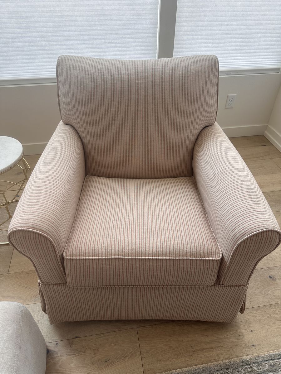 Pair of Gently Used soft red & White Pinstripe Armchairs - Cozy & Stylish Seating swivel & rocking