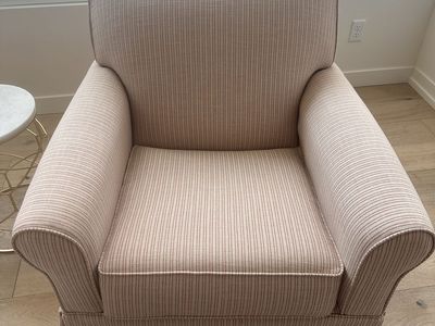 Pair of Gently Used soft red & White Pinstripe Armchairs - Cozy & Stylish Seating swivel & rocking