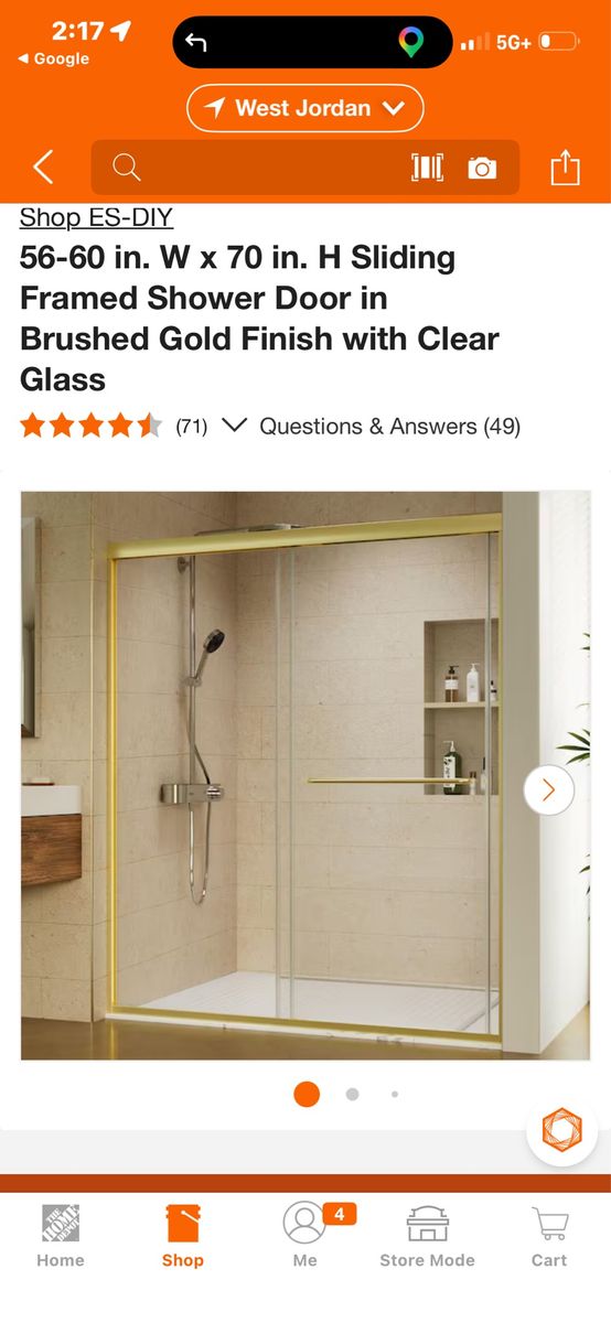 ES-DIY 56-60"W x 70"H Sliding Framed Shower Door, Brushed Gold Finish, Clear Glass