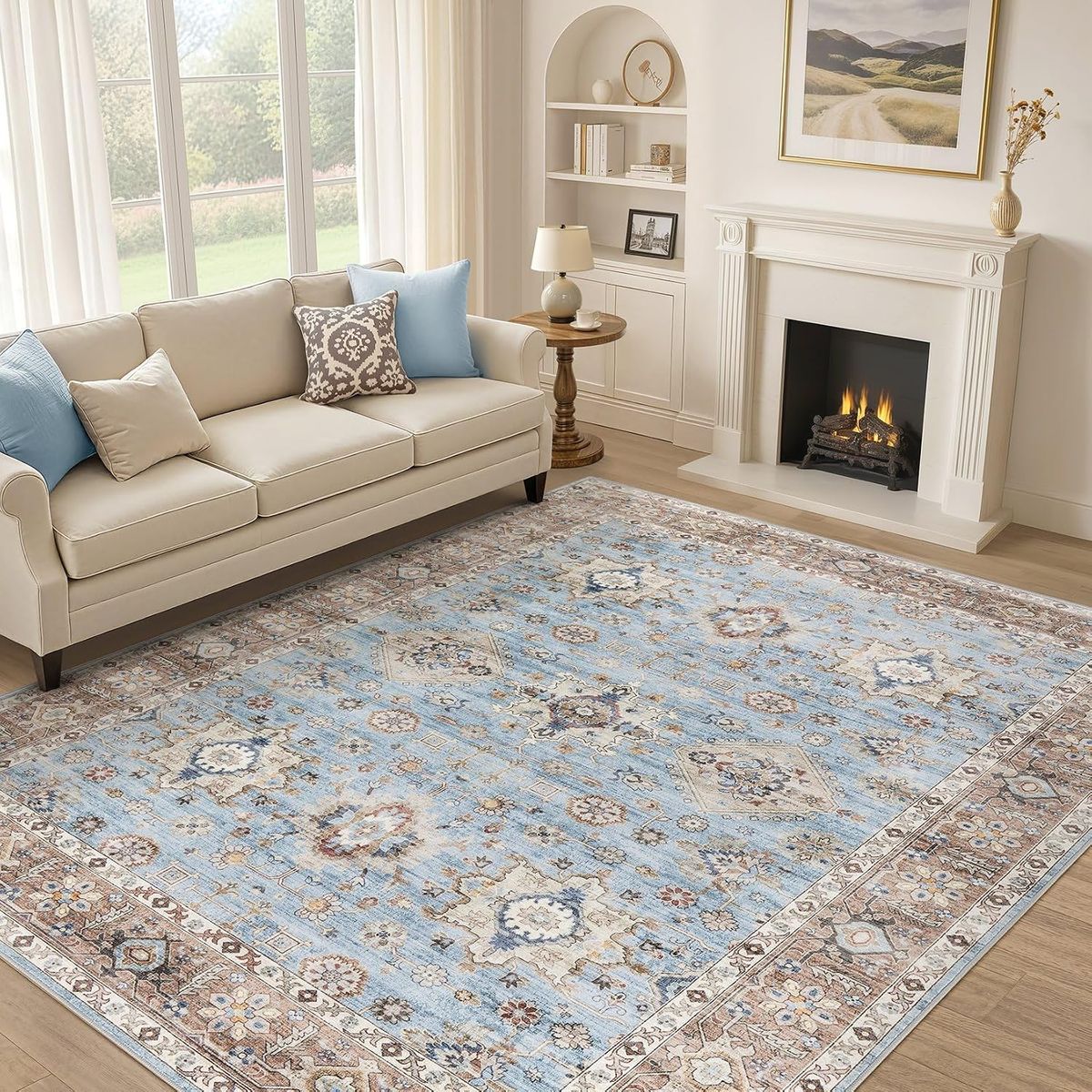NEW 8x10 Area Rug for Living Room, Washable Vintage Distressed Farmhouse Blue Brown