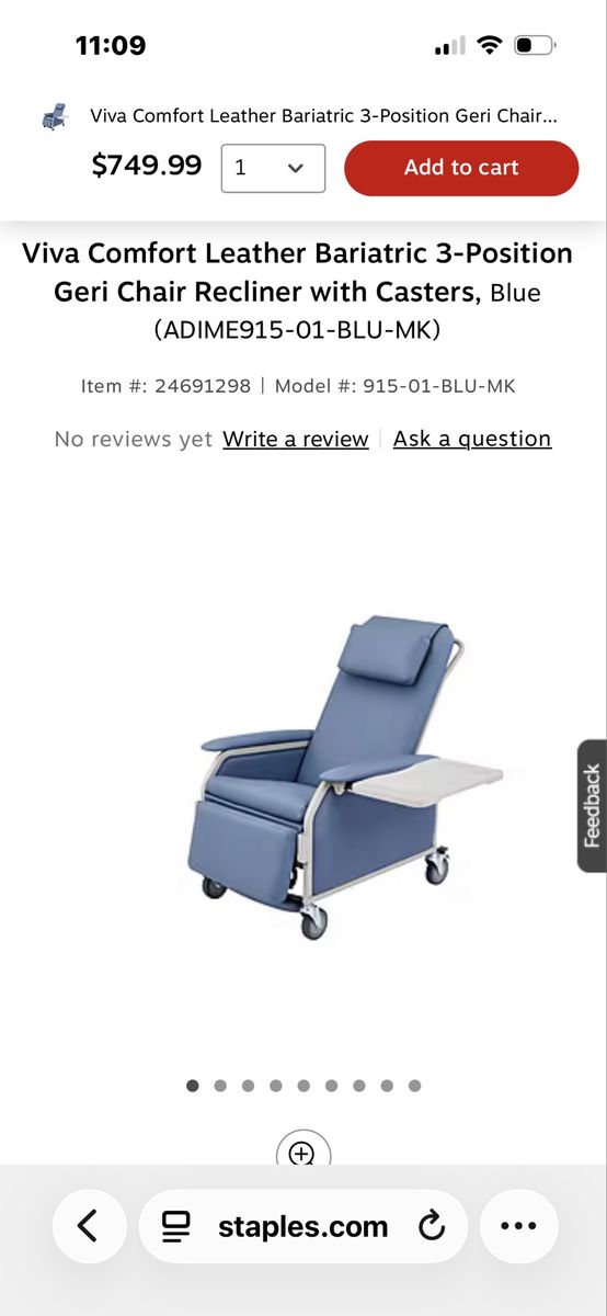 Comfort Bariatric 3-Position Geri Chair Recliner with Casters, Blue