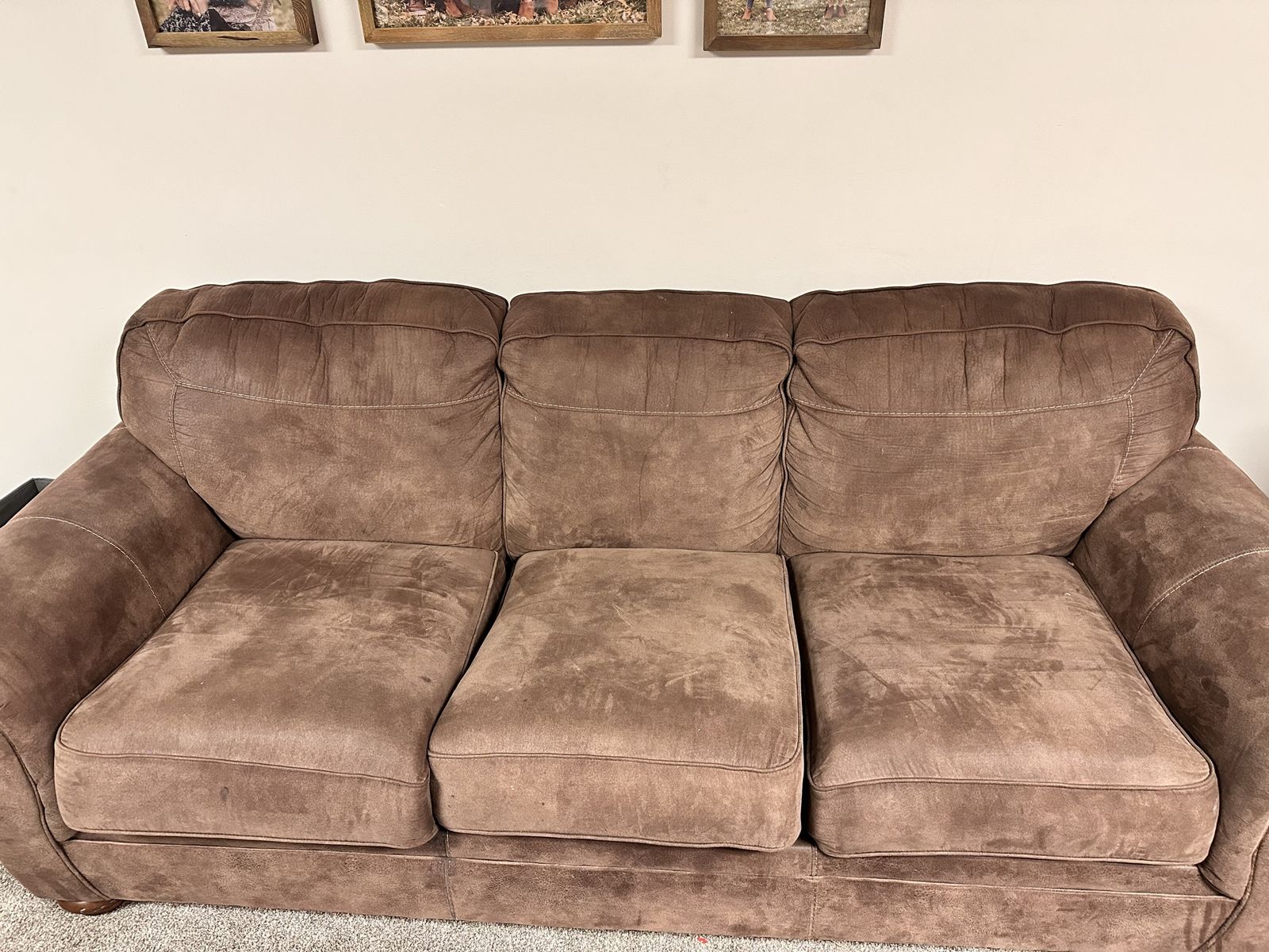 Brown Suede Living Room Sofa, Armchair, and Ottoman