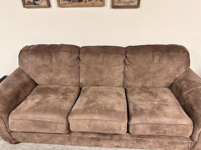 Brown Suede Living Room Sofa, Armchair, and Ottoman