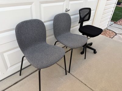 Set of Three Office Chairs - Two Gray Guest Chairs and One Black Rolling Mesh Chair