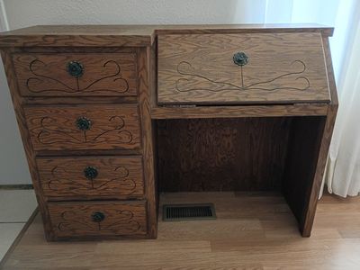 Vintage Solid Wood Secretary Desk with 5 Drawers & Carved Details
