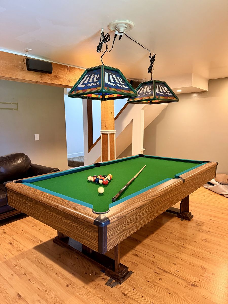 Classic Billiard Pool Table with billiard balls, pool cues and Miller Lite Beer Lights - Great for Game Room!