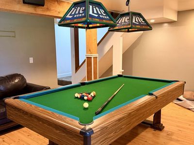 Classic Billiard Pool Table with billiard balls, pool cues and Miller Lite Beer Lights - Great for Game Room!