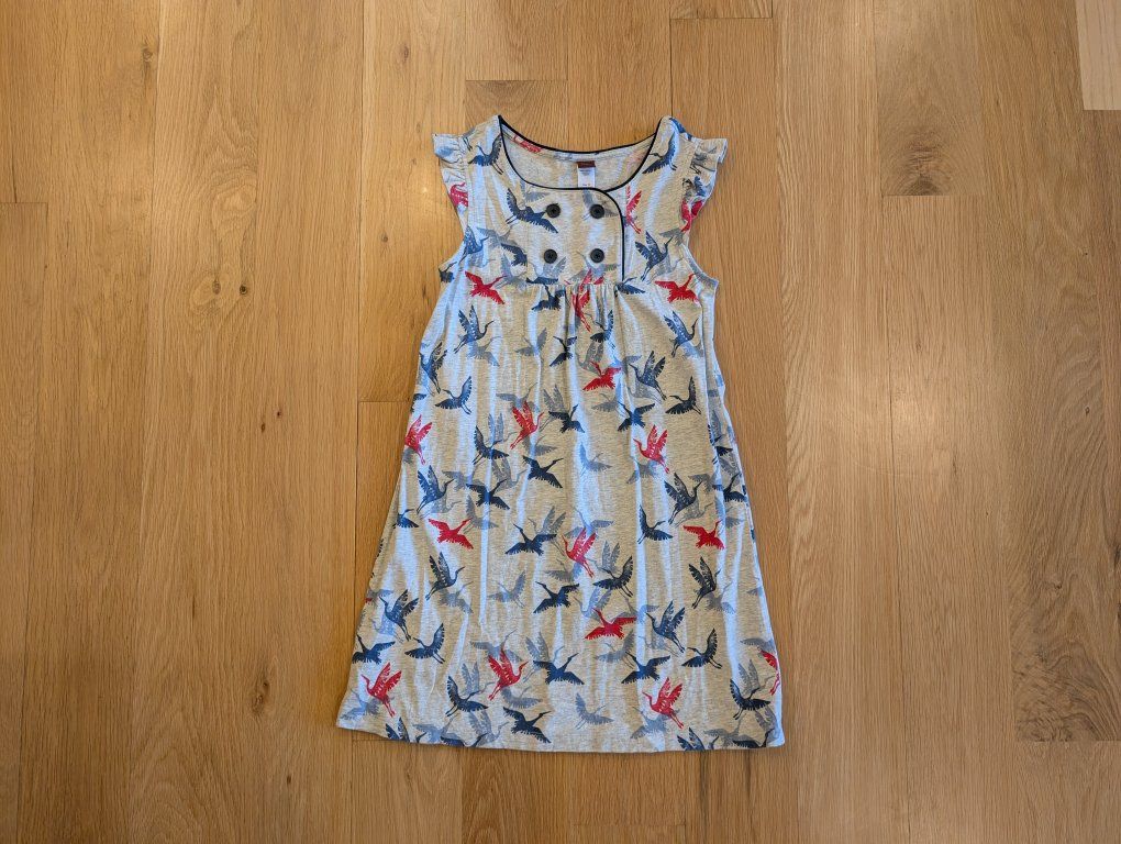 Tea Collection Girls' Size 10 Gray Crane Bird Dress 100% Cotton