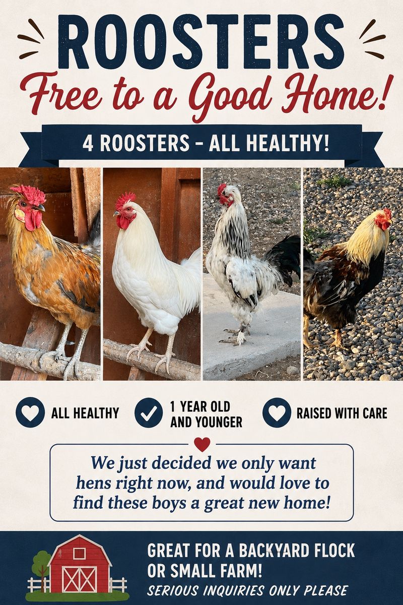 4 Healthy Roosters - Free to a Good Home (1 Year Old & Younger) located in Spring City