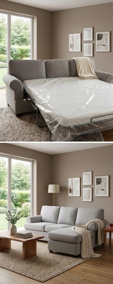 Light grey sleeper sectional with chaise