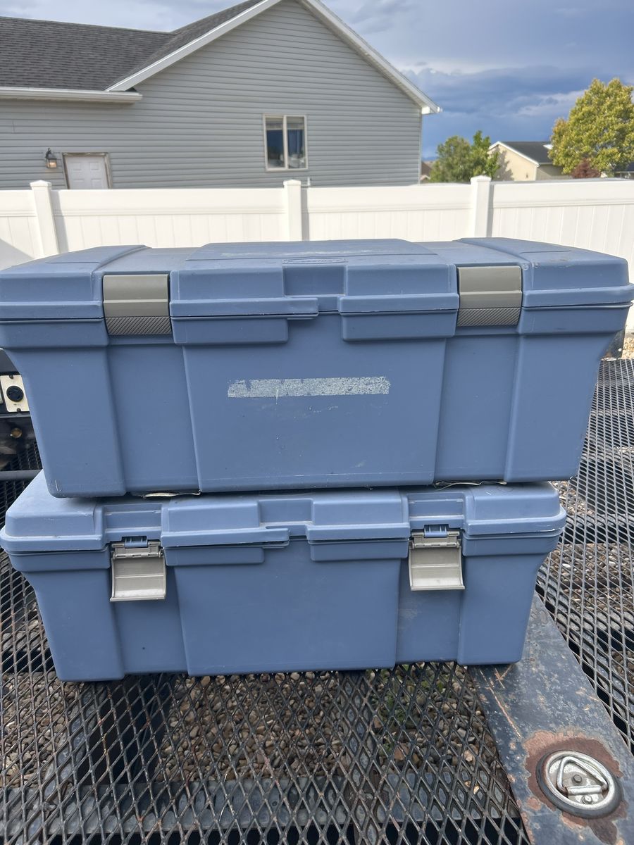 Set of 2 Heavy-Duty Blue Plastic Storage Trunks with Latching Lids
