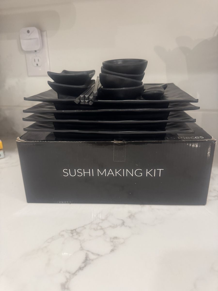 Sushi Making Kit - 15-Piece Black Ceramic Sushi Set with Rolling Mat, Spreader & Maker + Sushi plate, sauce cups.. NEW!