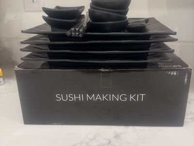 Sushi Making Kit - 15-Piece Black Ceramic Sushi Set with Rolling Mat, Spreader & Maker + Sushi plate, sauce cups.. NEW!