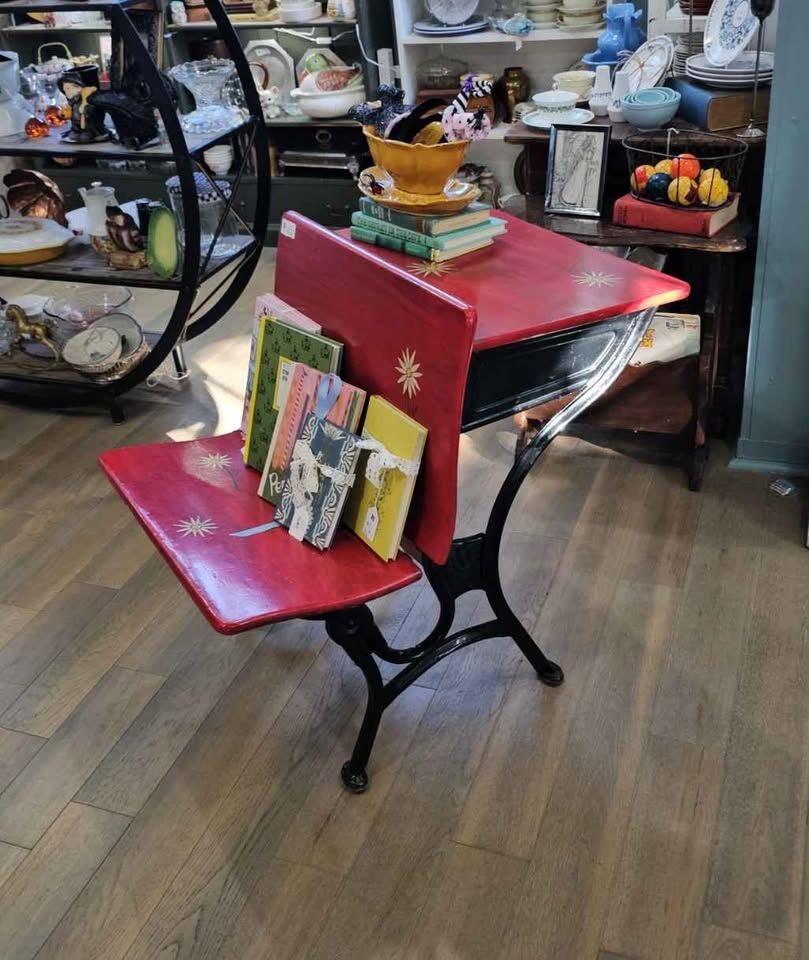 Vintage Red School Desk, Black Cast Iron Base & Hand-Painted Floral Detail