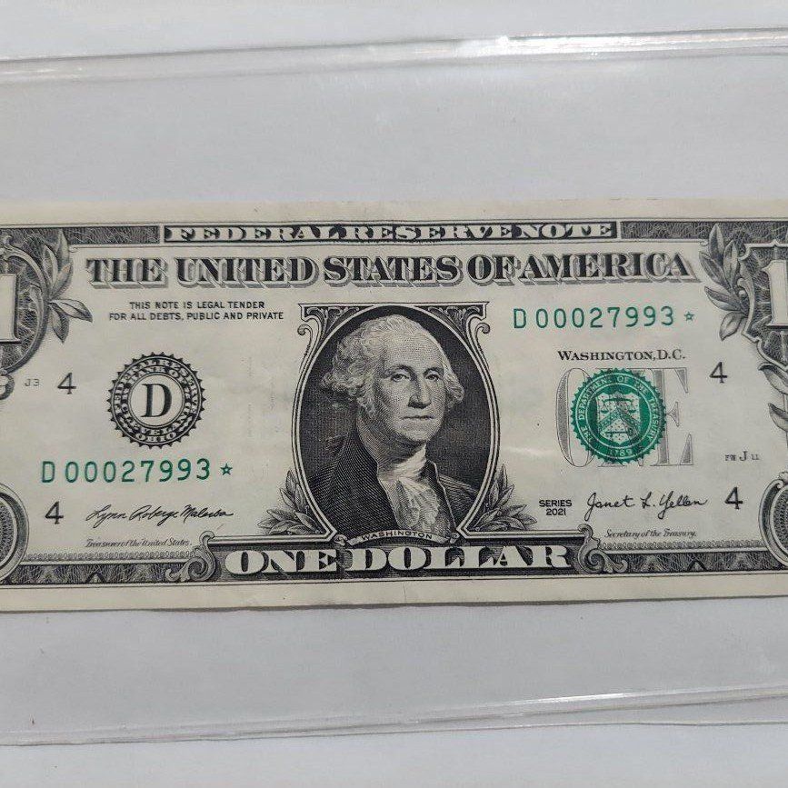 2021 $1 One Dollar Bill Star Note D00027993*