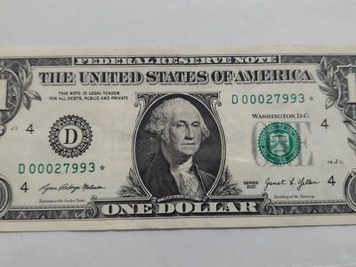 2021 $1 One Dollar Bill Star Note D00027993*