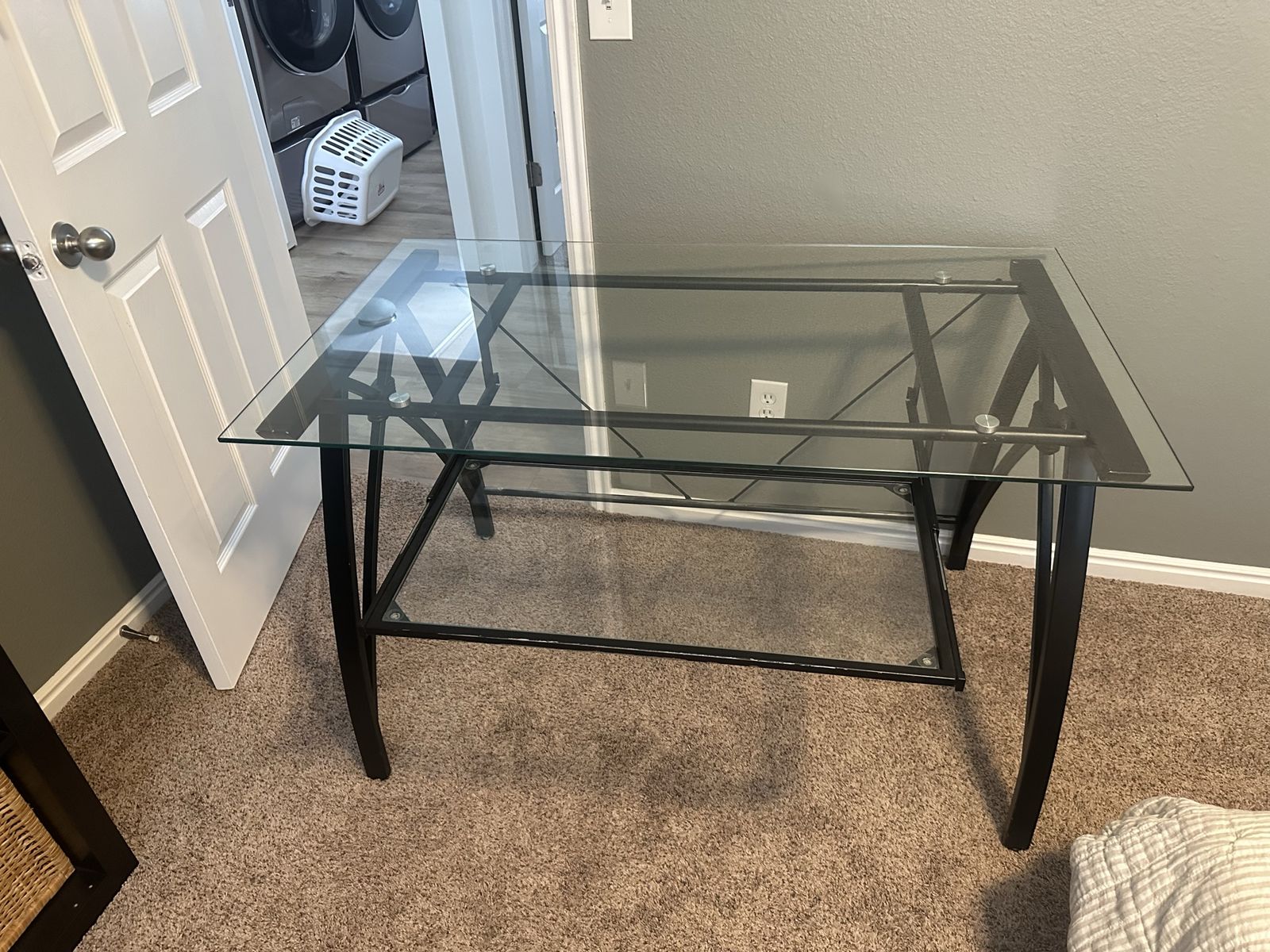 Modern Glass Top Computer Desk with Black Metal Frame and Shelf