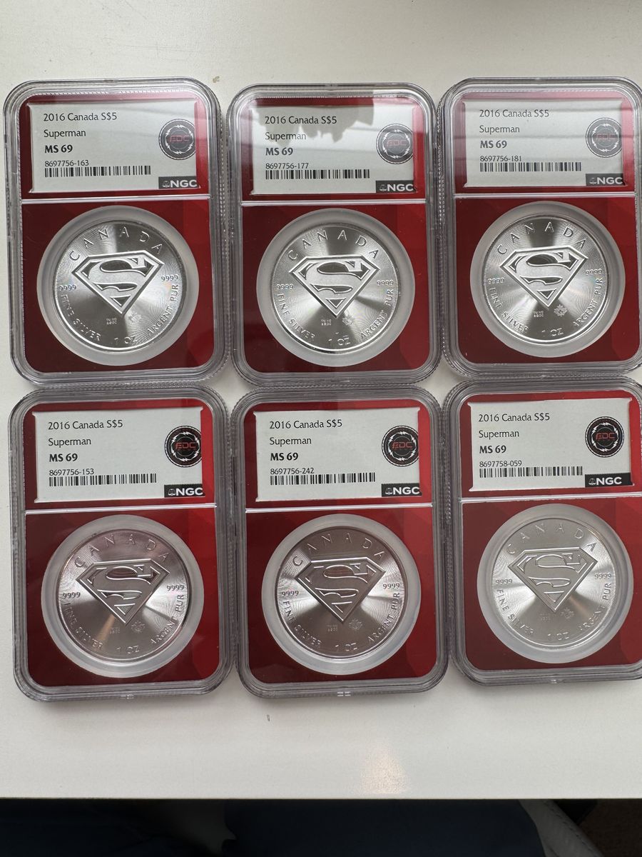 Lot of 6 2016 Canada S$5 Superman MS 69
