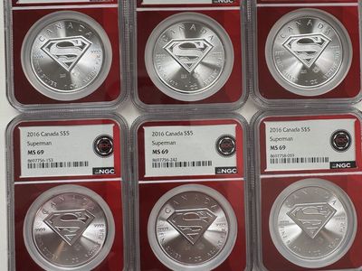 Lot of 6 2016 Canada S$5 Superman MS 69