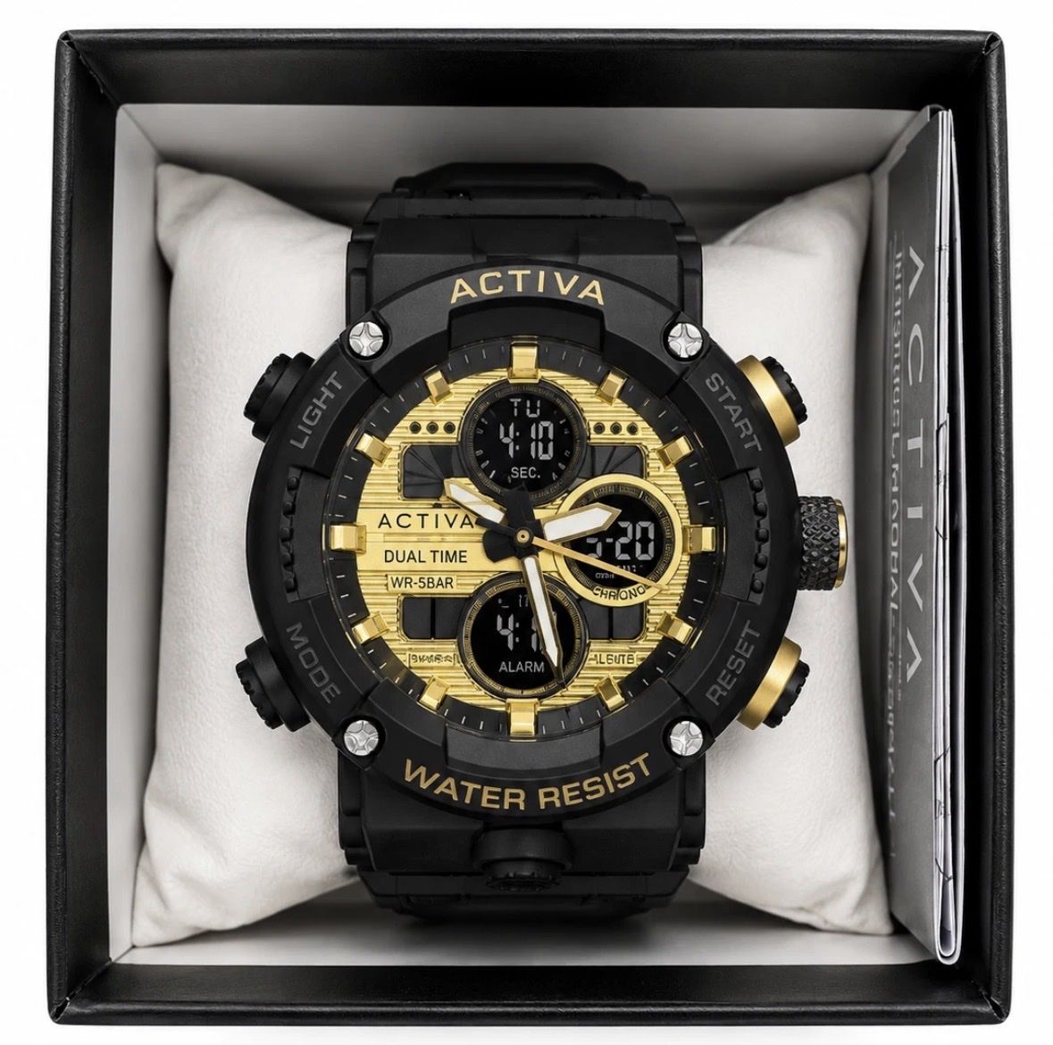 ACTIVA Dual Time Sport Watch - Black & Gold, WR-5BAR Water Resistant, Alarm, Chrono, Week Display