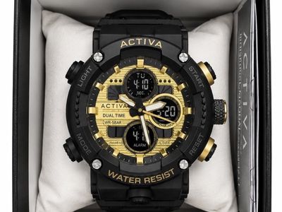 ACTIVA Dual Time Sport Watch - Black & Gold, WR-5BAR Water Resistant, Alarm, Chrono, Week Display