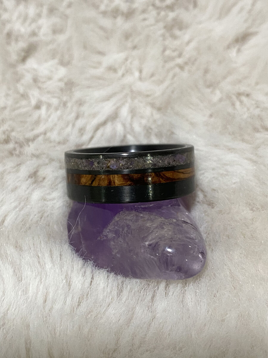 Unisex Unique Black Zirconium, Sugilite, & Wood Ring Size 8.5