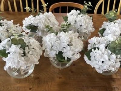 Set of 7 NEW White Hydrangea Arrangements in Glass Vases - Faux Floral - wedding Decor