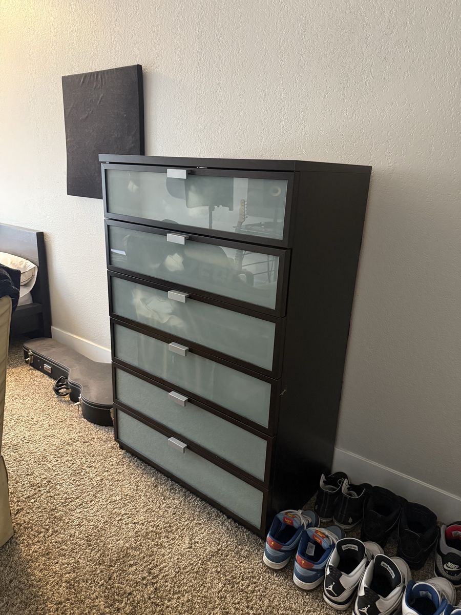 Dark Wood Dresser with Frosted Glass Drawers