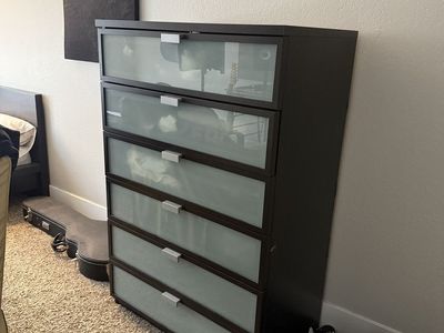 Dark Wood Dresser with Frosted Glass Drawers
