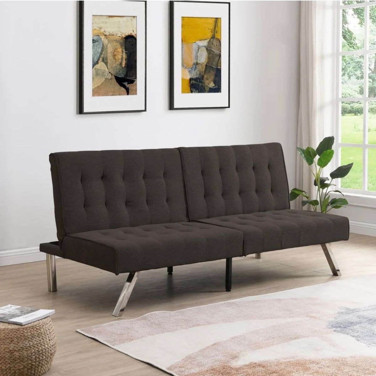 Brand new Convertible Futon Sofa Bed, Adjustable Lounge Couch w/ Metal Legs, Dark Brown Fabric