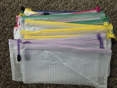 Mesh Zipper Pouches, Multi-Color, Clear Storage Bags, Various Sizes for School/Office Supplies
